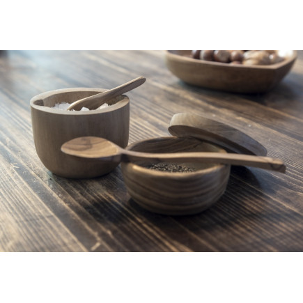 Salt/Pepparskål med sked Trä 7x3 cm