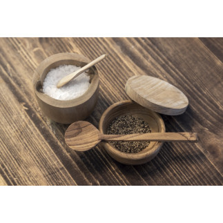 Salt/Pepparskål med sked Trä 7x3 cm